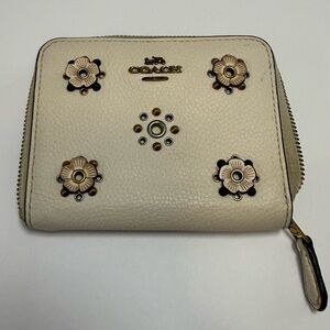 Coach Floral Studded Zip Around Wallet Cream Leather Compact Wallet